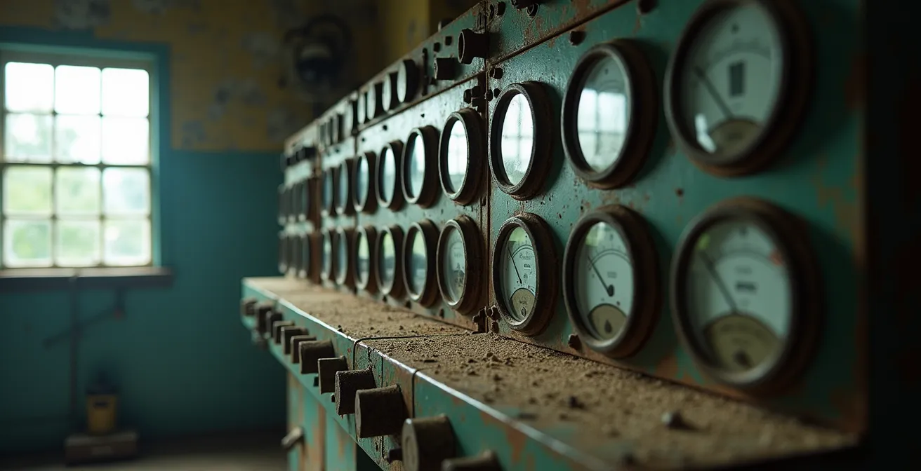 Vintage industrial gauges and dials covered in dust representing obsolete metrics