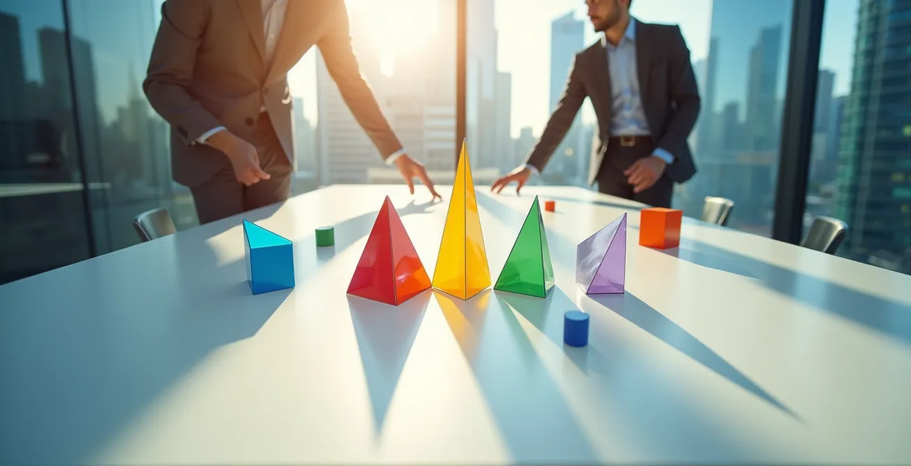 Visual representation of a flexible strategic planning framework where business professionals arrange geometric shapes on a large surface.