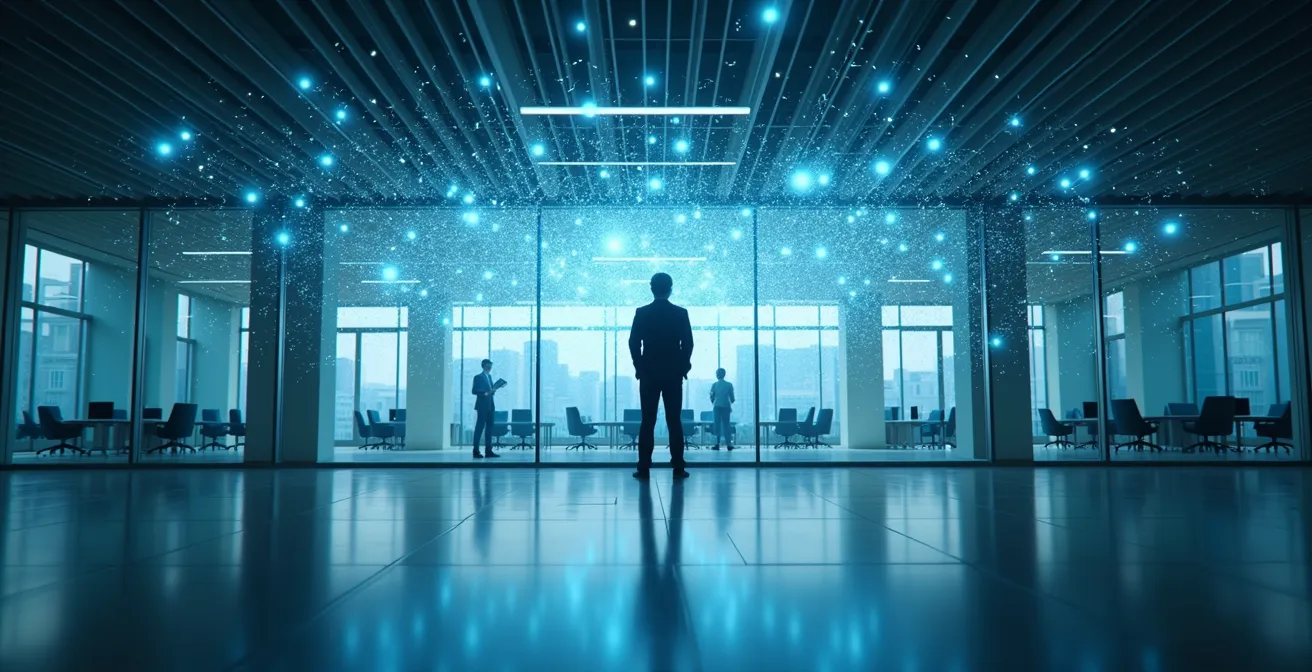 Abstract visualization of interconnected knowledge nodes forming a neural network pattern