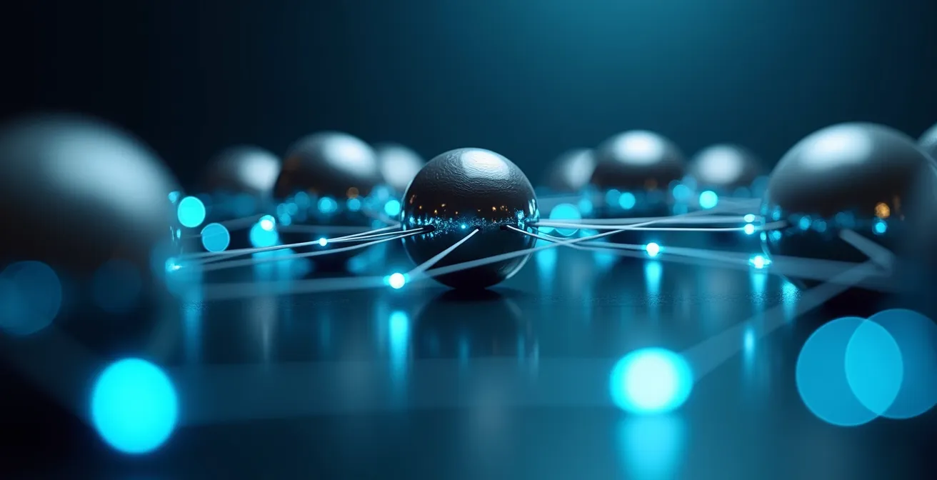 Macro shot of interconnected network nodes representing the complex B2B decision-making chain