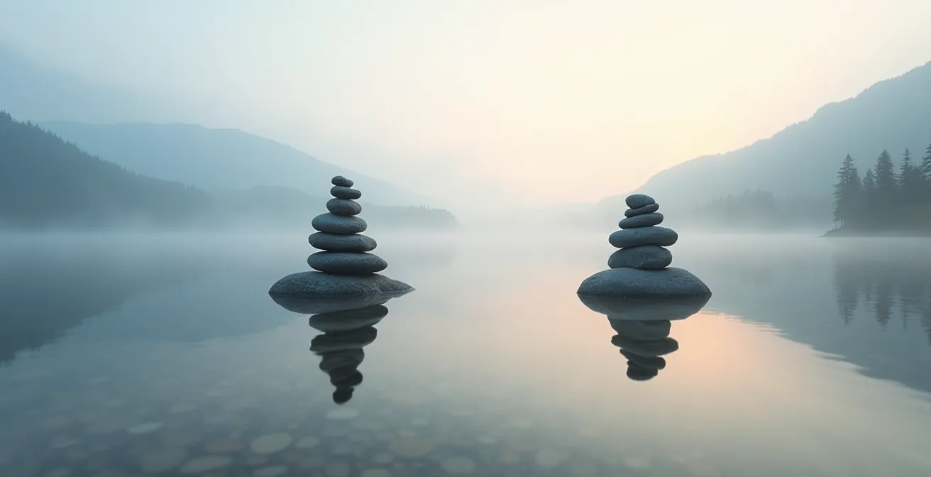 Minimalist landscape showing balanced stone cairns representing marketing budget equilibrium