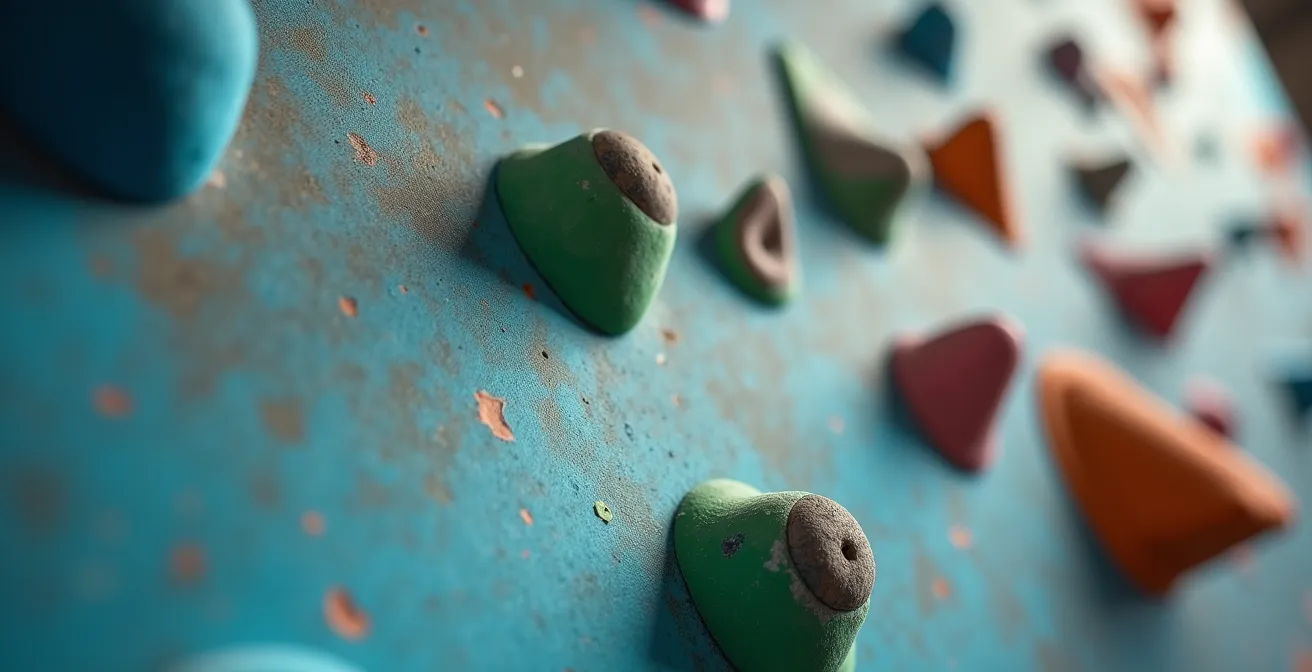 A modern career jungle gym visualized as interconnected climbing holds on a wall, symbolizing non-linear growth opportunities.