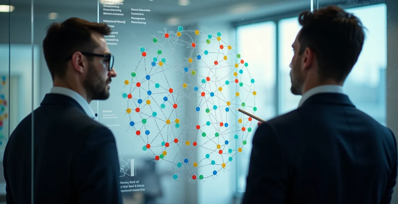 Business professionals analyzing competitive positioning on a strategic matrix board