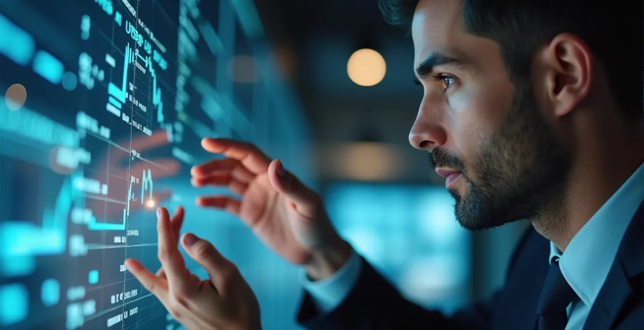 Executive analyzing real-time data projections on multiple screens showing growth trajectories