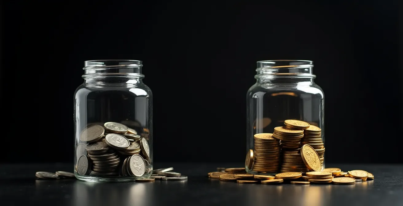 Split composition showing two glass jars with coins representing survival and opportunity funds
