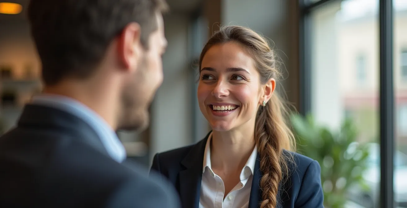 Happy employees serving customers in a retail environment showing positive energy transfer