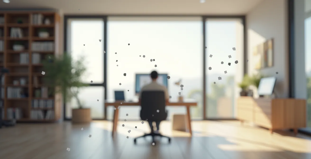 Blurred professional working at desk with abstract light patterns representing data flow in background