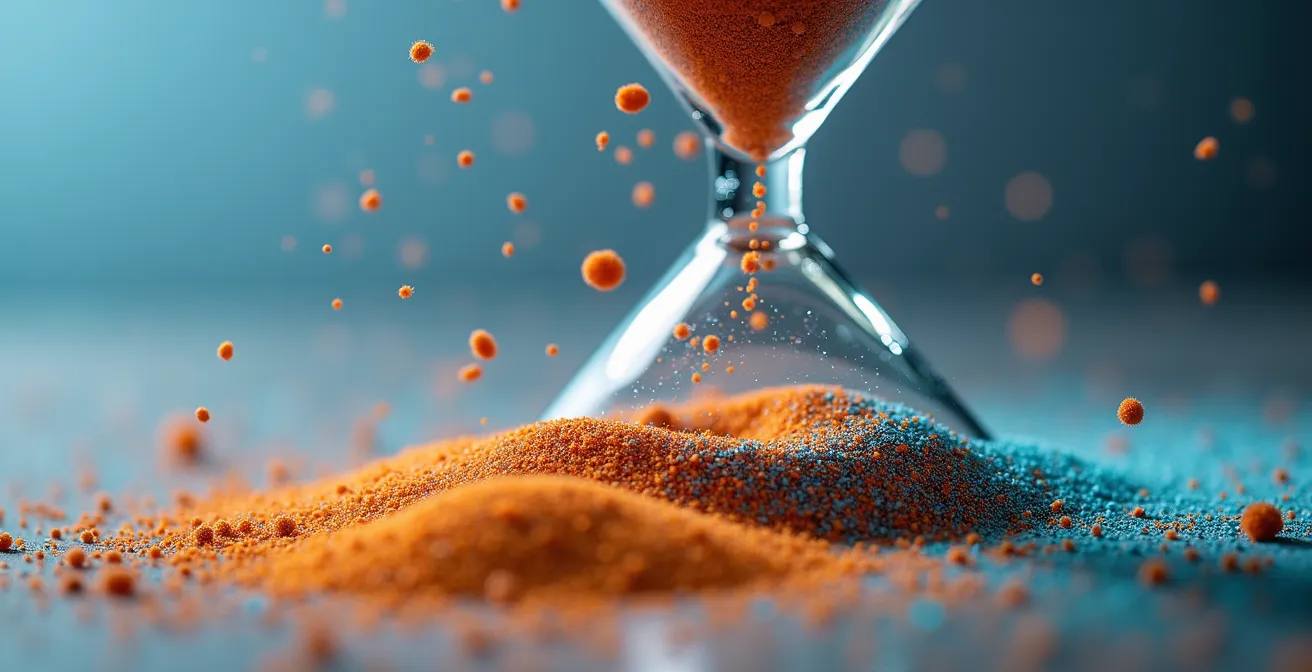 Extreme close-up of a crystal funnel with colored sand particles showing flow restrictions