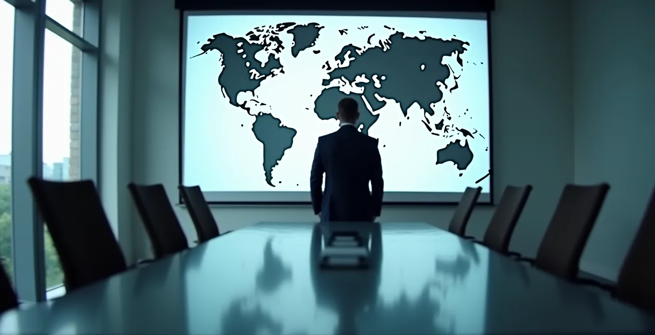 Business professional analyzing global map with multiple currency symbols and compliance indicators