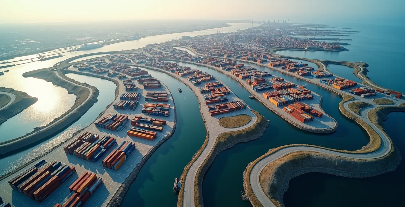 Aerial view of interconnected shipping routes and logistics hubs showing diversified supply network
