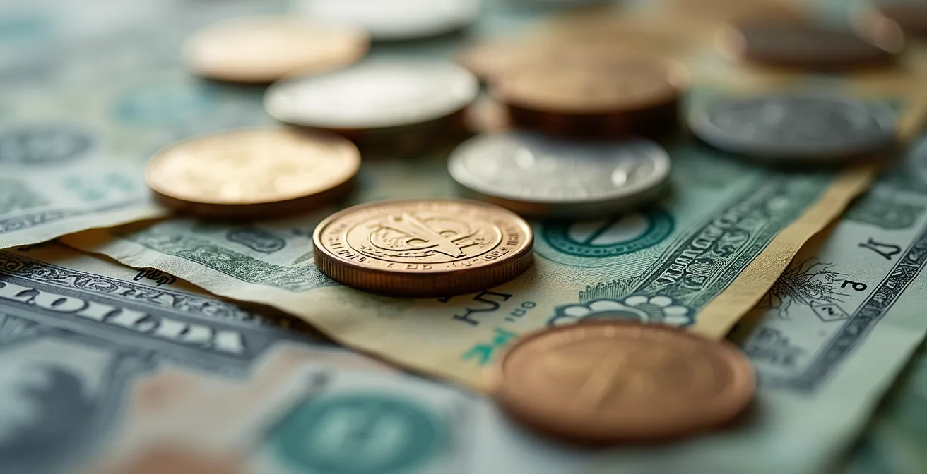 Extreme close-up of currency and financial documents showing cash flow management