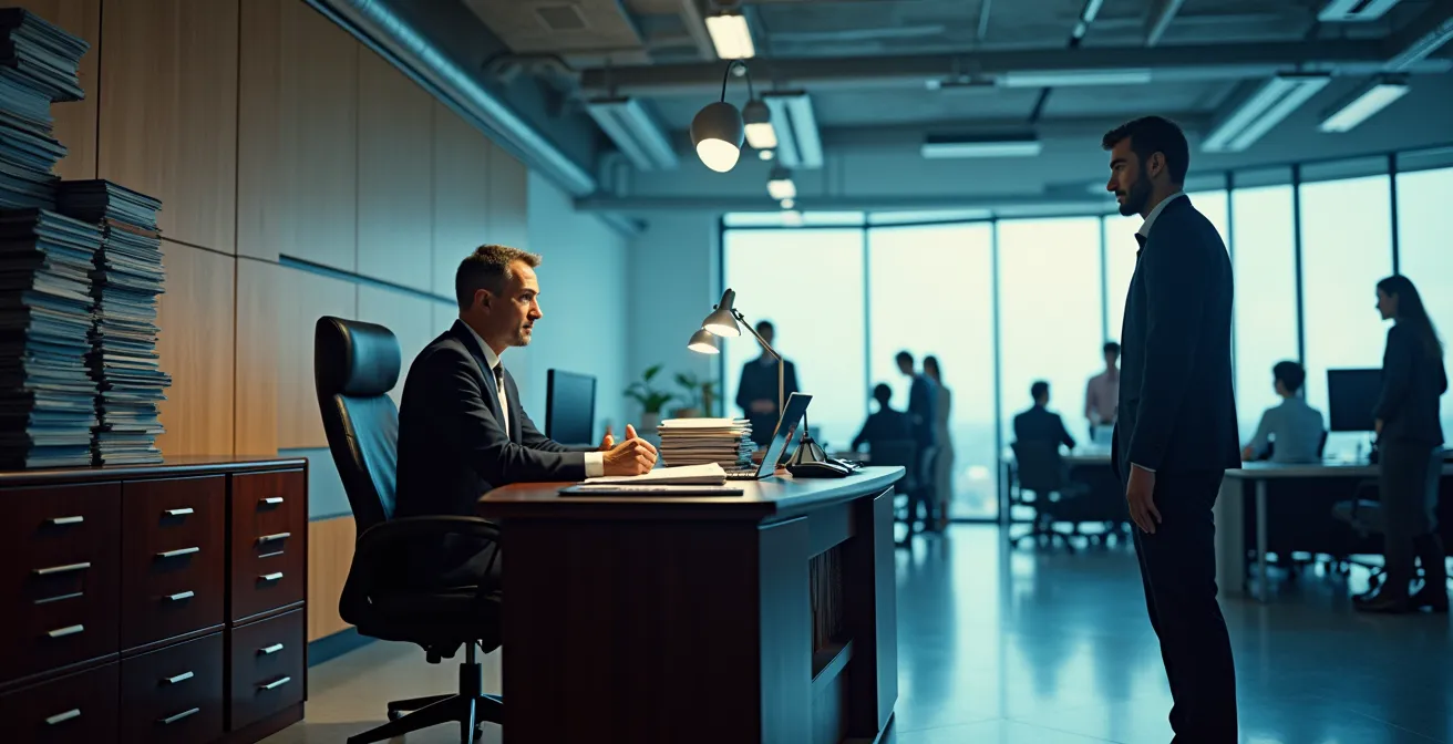 Split composition showing traditional hierarchical management structure transitioning to networked leadership ecosystem