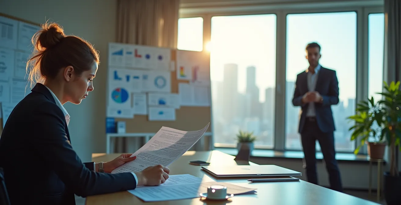 Split composition showing a person focused on detailed documents representing management versus a figure looking out at a city skyline, symbolizing strategic leadership.