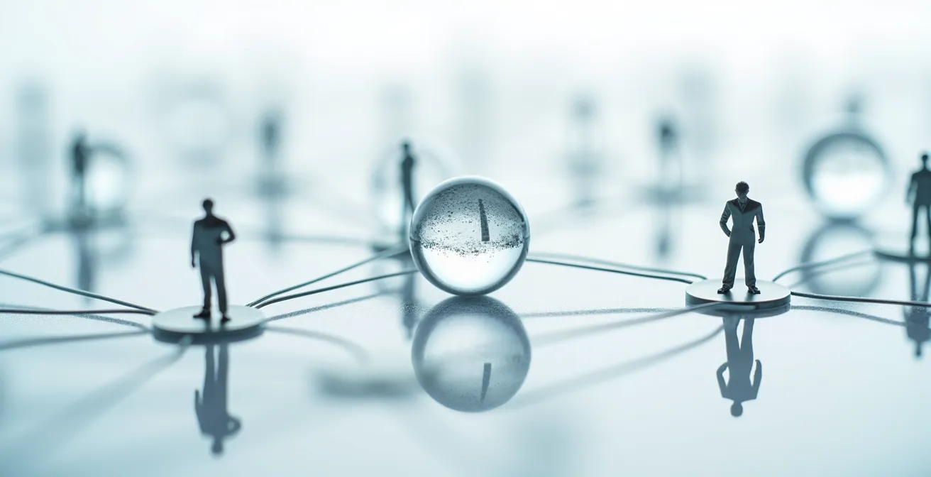 Close-up of interconnected glass spheres representing team dynamics and management relationships