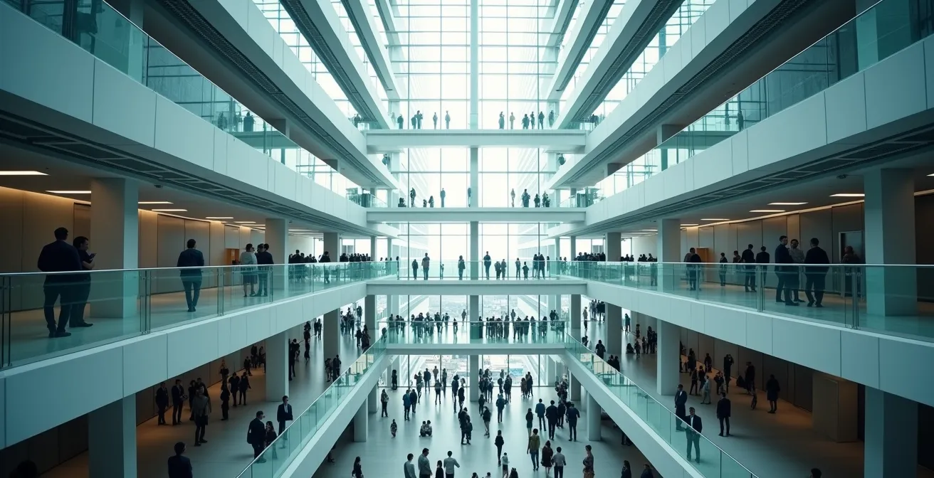 Abstract visualization of talent flow through organizational levels showing constriction at middle layer