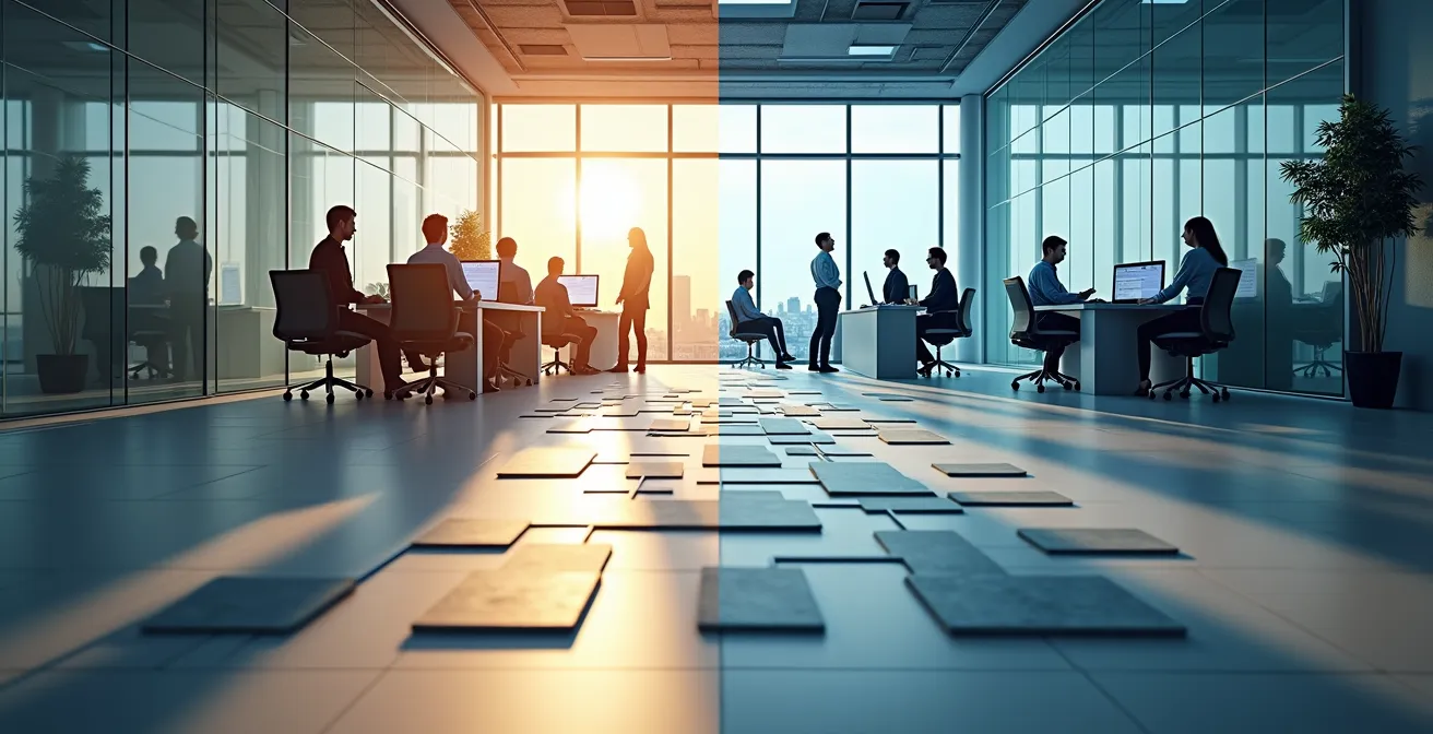 An office space transitioning from an open floor plan on the left to structured, defined department zones on the right, symbolizing the move from a flat to a hierarchical structure.