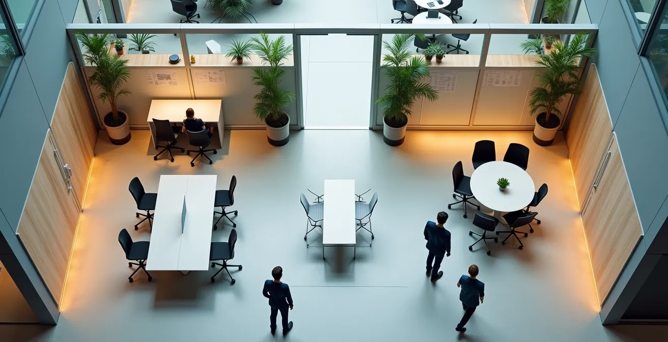 Modern office showcasing activity-based working zones for different collaboration styles