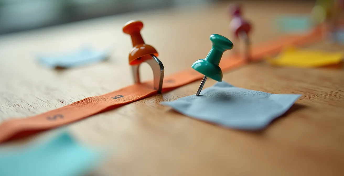 A rubber band representing a project timeline being stretched far beyond its original markers, visualizing the concept of scope creep.
