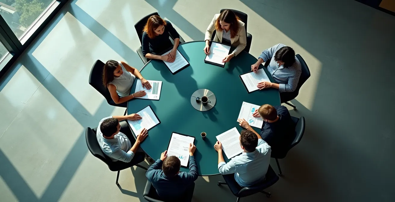 Aerial view of diverse professionals collaborating around circular table with abstract performance indicators