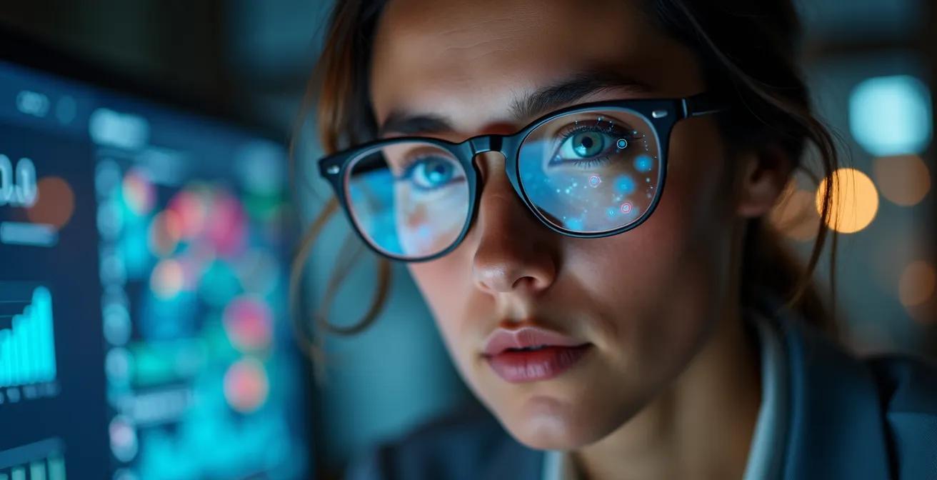 Market researcher examining social media sentiment patterns on analysis boards