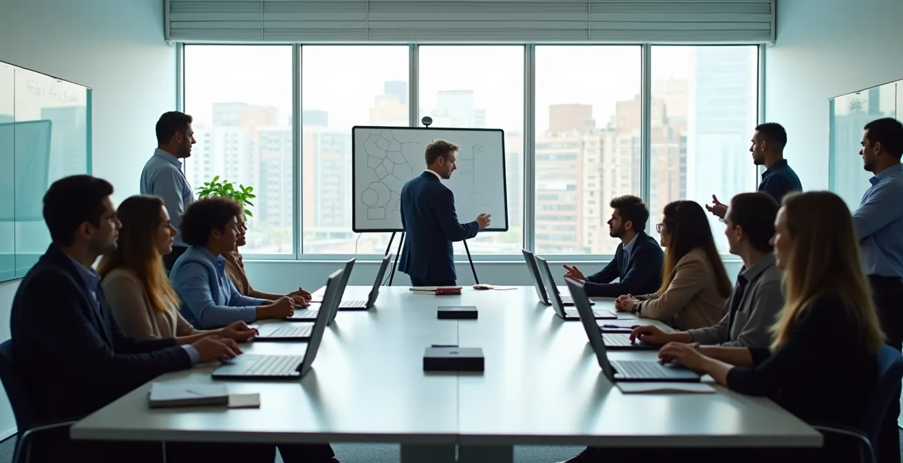 Large team engaged in strategic alignment workshop with visual collaboration