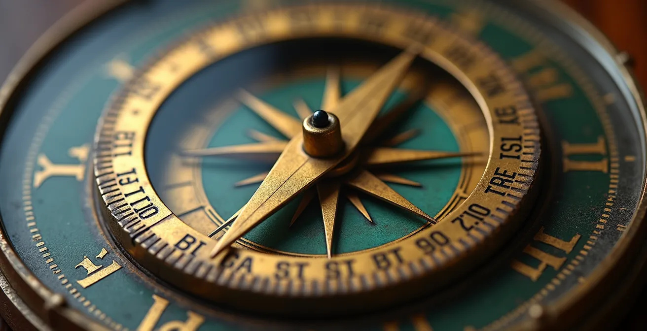 Extreme close-up of vintage brass compass with detailed engravings showing directional precision
