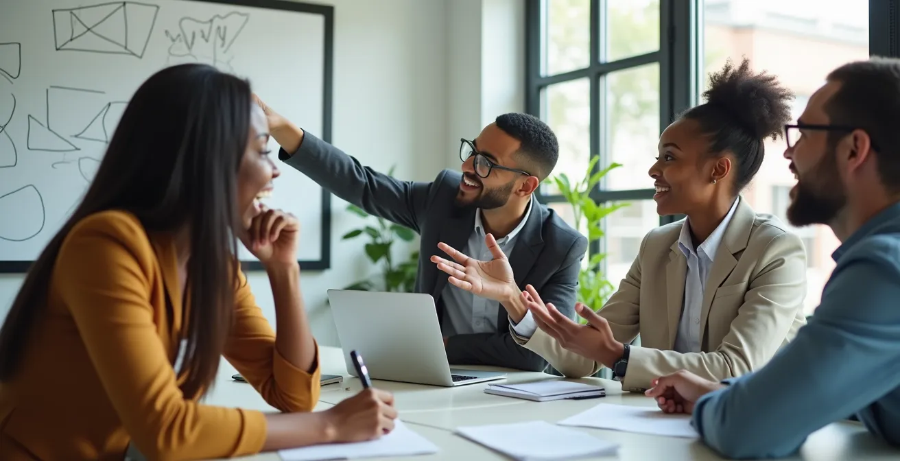 Business team analyzing strategic options around conference table