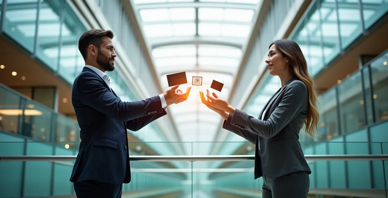 Two professionals connecting abstract shapes across a bridge, symbolizing the connection between high-level strategy and detailed operational execution.