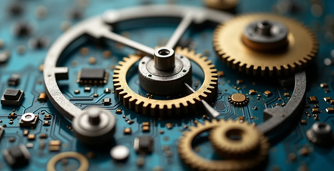 Abstract representation of time flowing through digital systems with human silhouettes