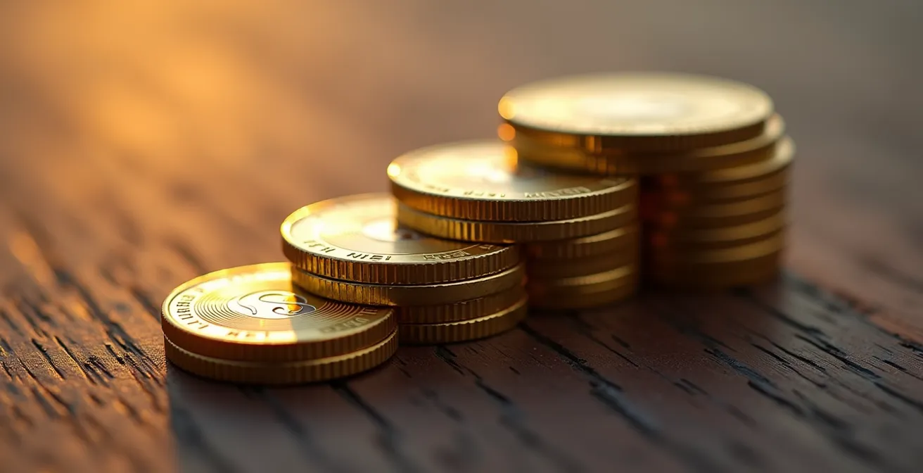 Macro shot of stacked coins with dramatic lighting showing compound growth concept