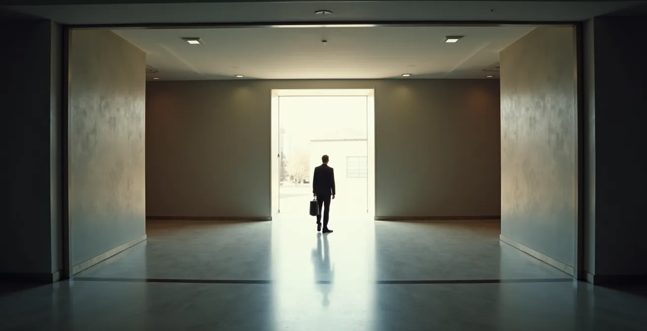 A professional stands at a crossroads in an office, choosing between a bright exit and a dim corridor back to the office, symbolizing the trust erosion of a counter-offer.