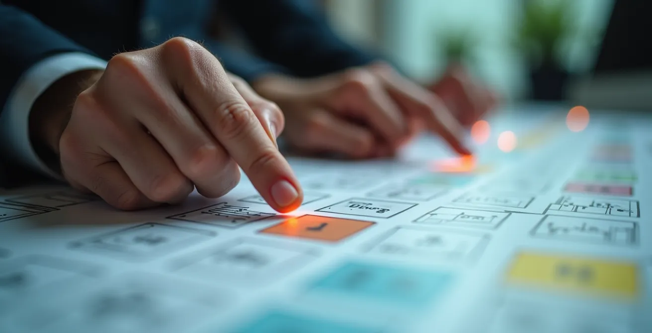 Macro view of diverse hands collaborating over a process flow diagram on a large surface.