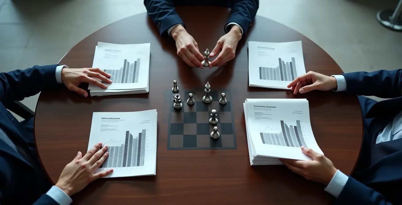 Business negotiation scene with data visualization elements