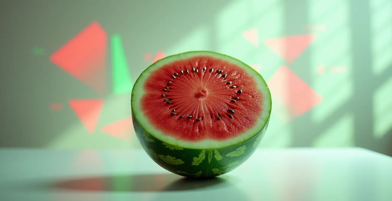Cross-section view of a watermelon-shaped dashboard showing green exterior and red interior, symbolizing hidden project issues.