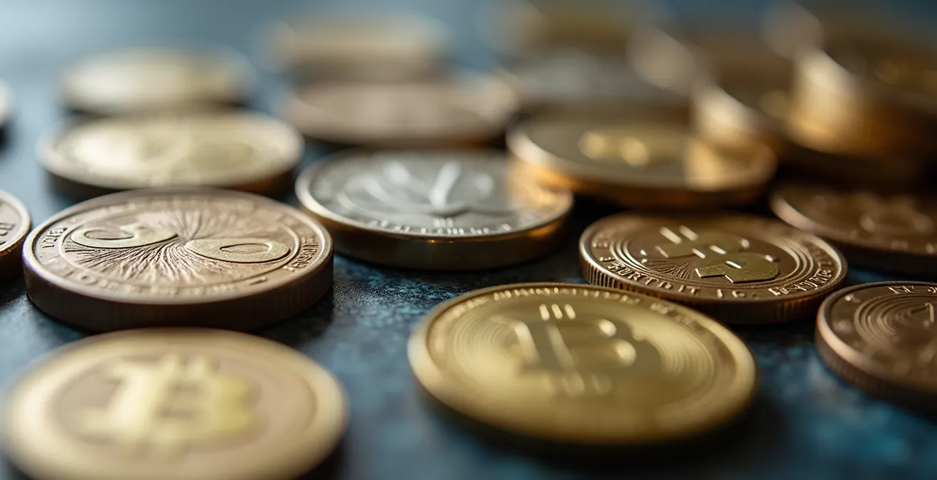 Macro shot of different currency coins stacked at varying heights representing different pricing models